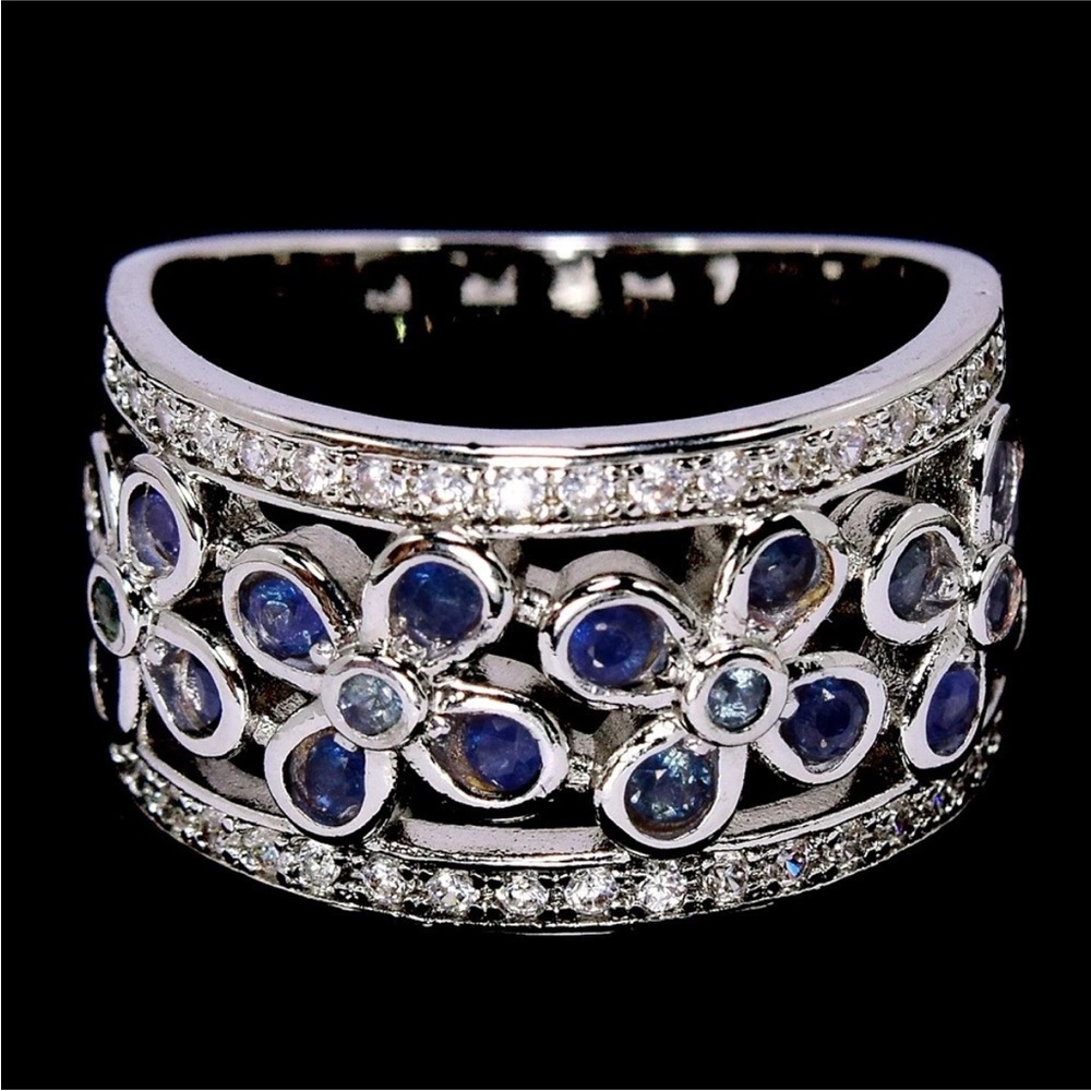 Natural AAA Blue Sapphire Flower Gemstone Ring in 925 Sterling Silver Sz 8